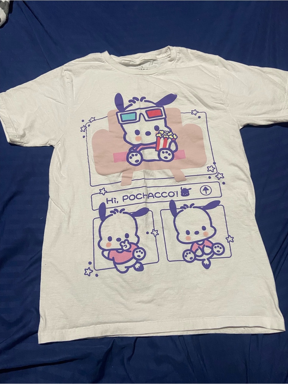 Sanrio White Tee with Purple & Light Pink Pochacco Panels